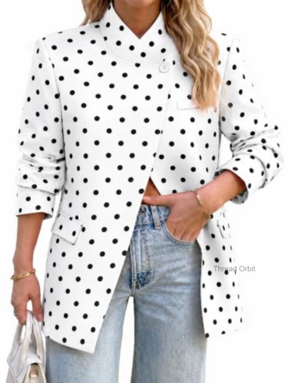 Womens Polka Dot Blazer Business Casual Lightweight Single Button Stand Collar